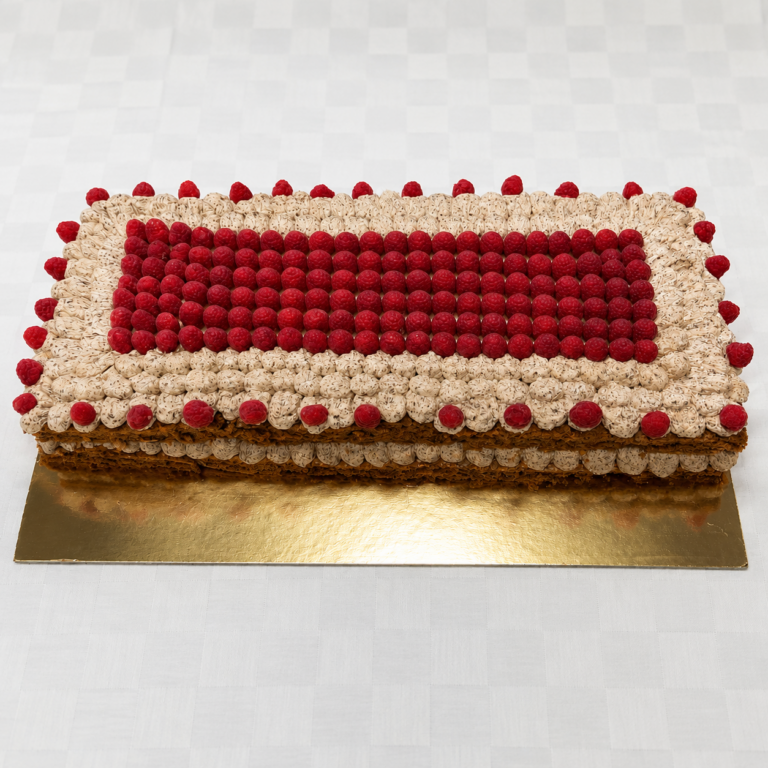 Cake al cioccolato, lampone, pistacchio e panna al cioccolato